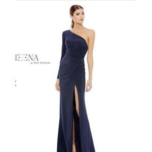 Ieena Mac Duggal One Shoulder LongSleeve Jersey Gown SZ 10 Midnight SPLIT NWT